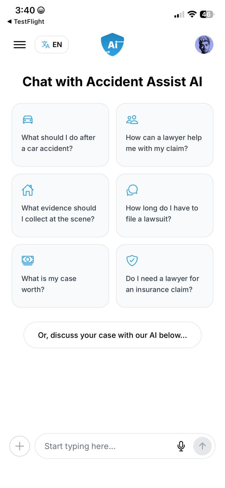 Accident Assist AI — Chat home screen